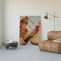 Luxury Fragrance Portrait print leaning against white wall in minimal styled room with leather chair and concrete side table