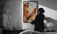 Luxury Fragrance Portrait print in a slim black frame being hung on a sunlit wall in a monochrome room