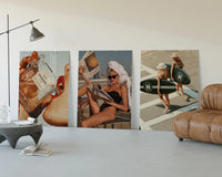 Luxury Lifestyle Trio Fashion Gallery Wall Art displayed beside a brown leather sofa