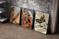 Luxury Lifestyle Trio Fashion Gallery Wall Art as black-framed prints leaning against a raw-plaster wall