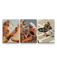 Triptych of Chanel No. 5 perfume, a rooftop woman reading, and two women carrying Chanel surfboards