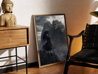 Brass-framed Long-haired warrior with armor on cliff print leaning in a warm styled corner by a sculpture
