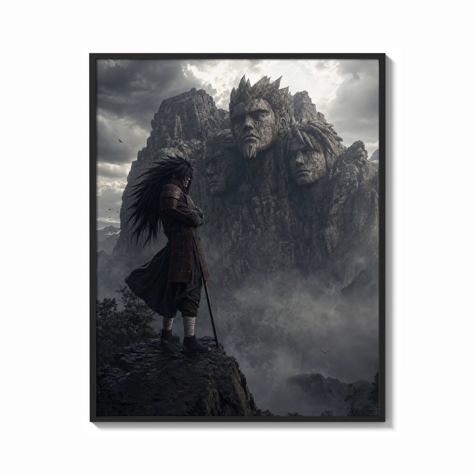 Framed Long-haired warrior with armor on cliff print shown as a bold statement piece on a clean gallery wall