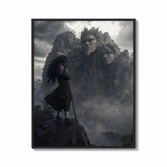 Framed Long-haired warrior with armor on cliff print shown as a bold statement piece on a clean gallery wall