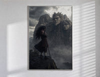 Long-haired warrior with armor on cliff poster in a slim frame on a bright wall with soft window light