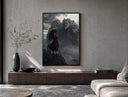 Long-haired warrior with armor on cliff poster framed above a wood console in a concrete-wall living room