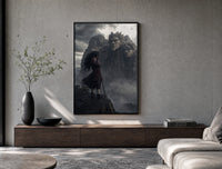 Long-haired warrior with armor on cliff poster framed above a wood console in a concrete-wall living room
