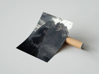 Rolled Long-haired warrior with armor on cliff poster beside its crush-resistant kraft shipping tube