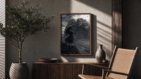 Long-haired warrior with armor on cliff poster framed above a fluted sideboard beside an olive tree