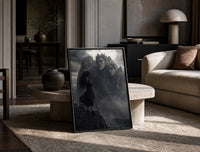 Long-haired warrior with armor on cliff print in a black frame leaning on a travertine table in a sunlit lounge