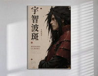 Anime warrior in red armor poster in a slim frame on a bright wall with soft window light
