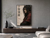 Anime warrior in red armor poster framed above a wood console in a concrete-wall living room