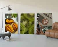 Mango, Kiwi and Coffee Set of 3 displayed beside a brown leather sofa