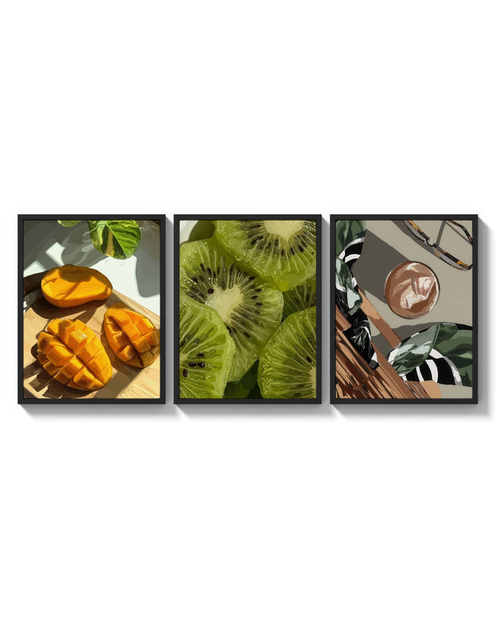 Mango, Kiwi and Coffee Set of 3 arranged on a bright gallery wall