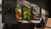 Mango, Kiwi and Coffee Set of 3 in walnut frames above a sideboard in a warm room