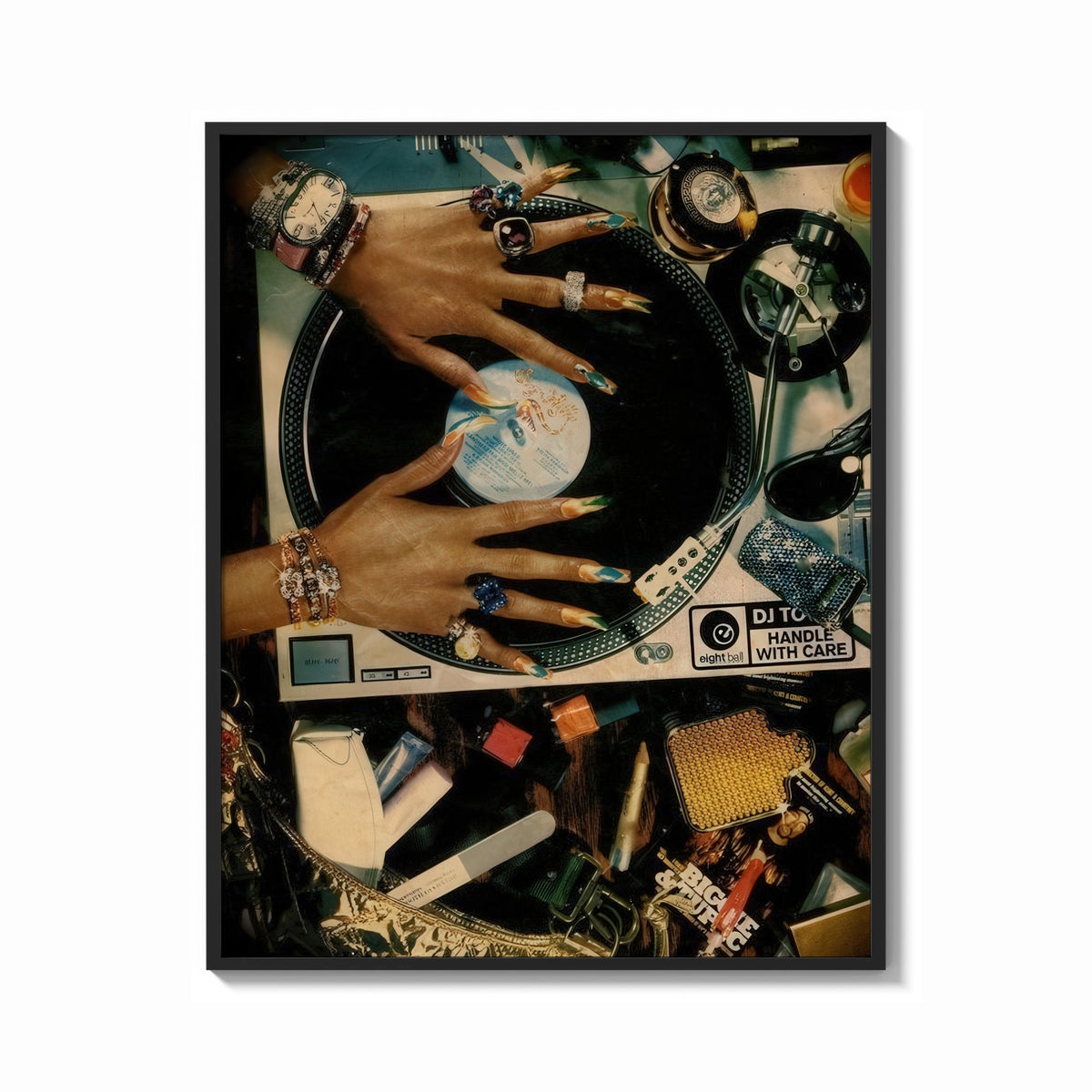 Framed Manicured Hands on a Vinyl Record print shown as a bold statement piece on a clean gallery wall