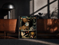 Black-framed Manicured Hands on a Vinyl Record print on the floor in front of a dark wooden console
