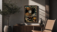 Manicured Hands on a Vinyl Record poster framed above a fluted sideboard beside a potted tree