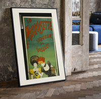 Two elegant women tasting liqueur print in a black frame leaning beside a vintage door on parquet