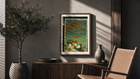 Two elegant women tasting liqueur poster framed above a fluted sideboard beside an olive tree
