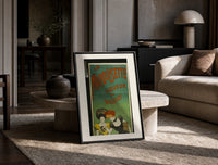 Two elegant women tasting liqueur print in a black frame leaning on a travertine table in a sunlit lounge