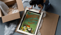 Two elegant women tasting liqueur framed print being unpacked from protective bubble wrap and a box
