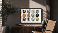 Martini and Disco Ball Circle Collage print in a walnut frame above a fluted sideboard and cane chair
