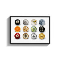 Framed Martini and Disco Ball Circle Collage print shown as a wide statement piece on a clean white wall