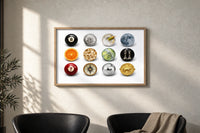 Martini and Disco Ball Circle Collage print in an oak frame on a sunlit wall above two leather armchairs