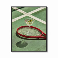 Framed Racket and Martini print shown as a bold statement piece on a clean gallery wall