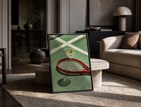 Racket and Martini print on the floor, leaning against a travertine table