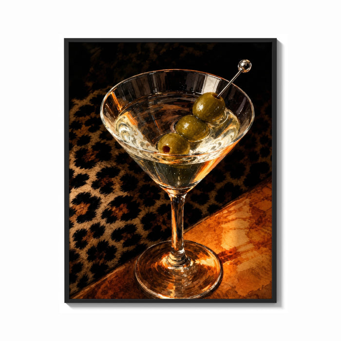 Framed Martini with Three Olives print shown as a bold statement piece on a clean gallery wall