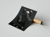 Seated matte-black KAWS figure with gold accent details against a dark moody backdrop, shown as rolled poster