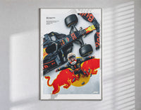 F1 driver celebrating beside race car poster in a slim frame on a bright wall with soft window light