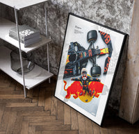 F1 driver celebrating beside race car poster in a black frame leaning beside a shelf in a raw-plaster loft