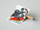 Rolled F1 driver celebrating beside race car poster beside its crush-resistant kraft shipping tube