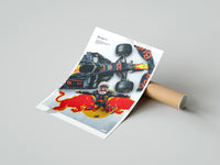Rolled F1 driver celebrating beside race car poster beside its crush-resistant kraft shipping tube