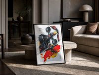 F1 driver celebrating beside race car print in a black frame leaning on a travertine table in a sunlit lounge