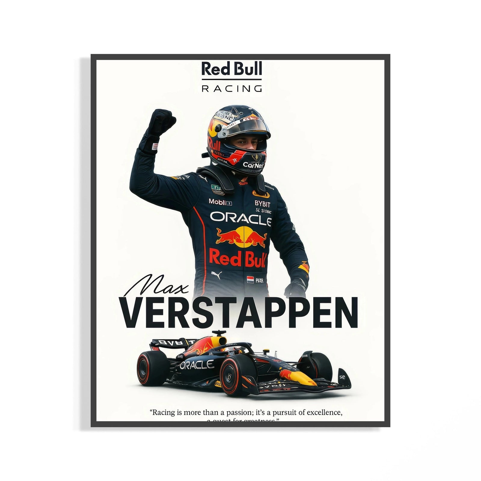 Max Verstappen in navy racing suit raising his fist with the RB19 car below on a victory print