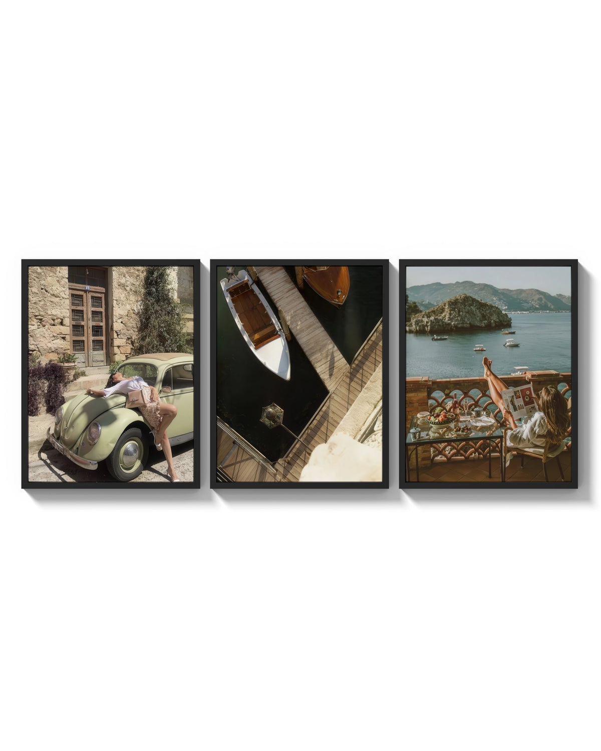 Mediterranean Escape Poster Set of 3 arranged on a bright gallery wall