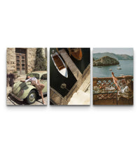 Mediterranean Escape set of 3 posters showing VW Beetle, marina boats, and sea view balcony arranged together