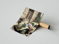 Mediterranean lifestyle poster of woman on vintage VW Beetle in European village flat lay with tube