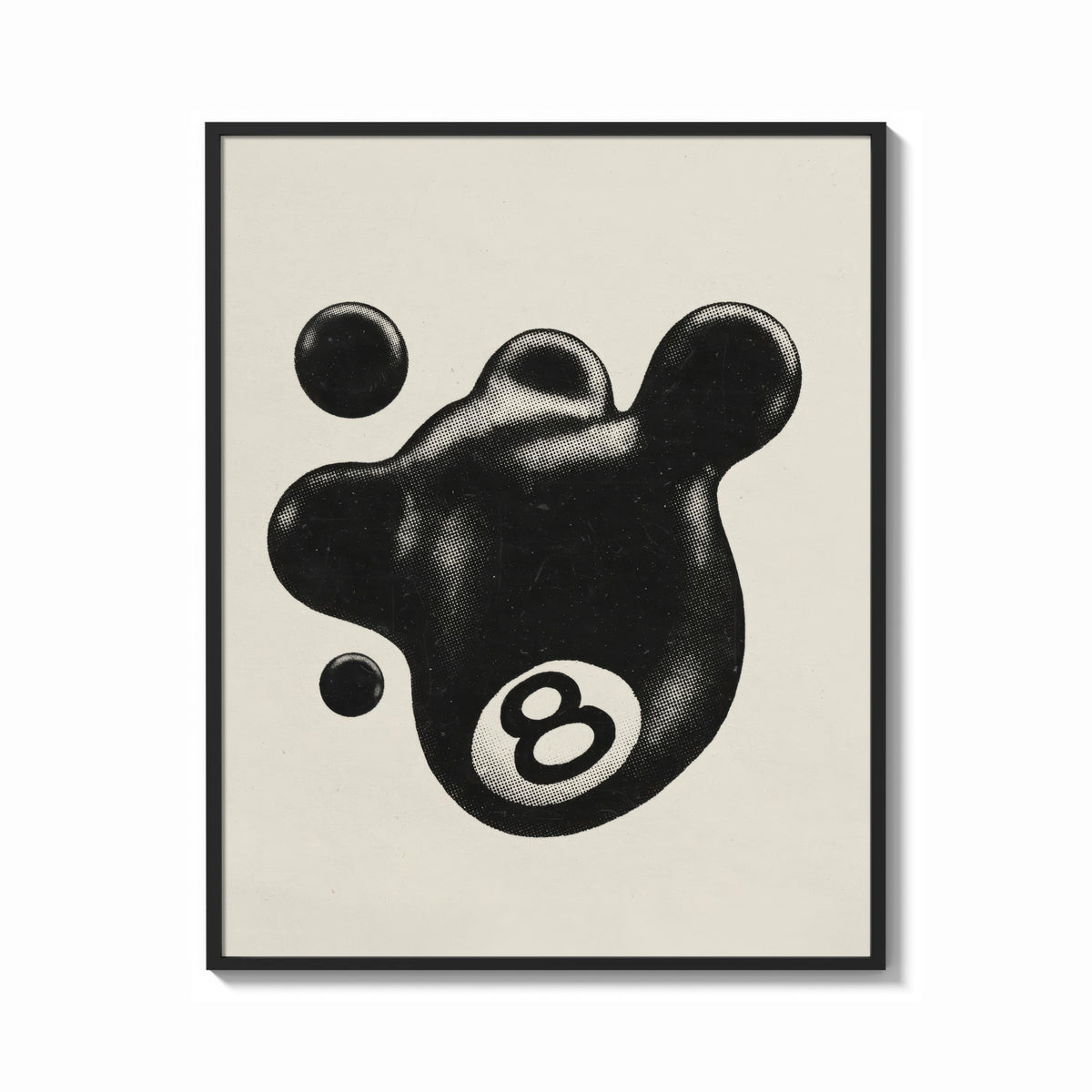 Framed Melting 8 Ball print shown as a bold statement piece on a clean gallery wall