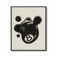 Framed Melting 8 Ball print shown as a bold statement piece on a clean gallery wall