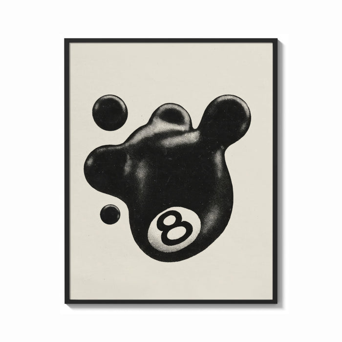Framed Melting 8 Ball print shown as a bold statement piece on a clean gallery wall