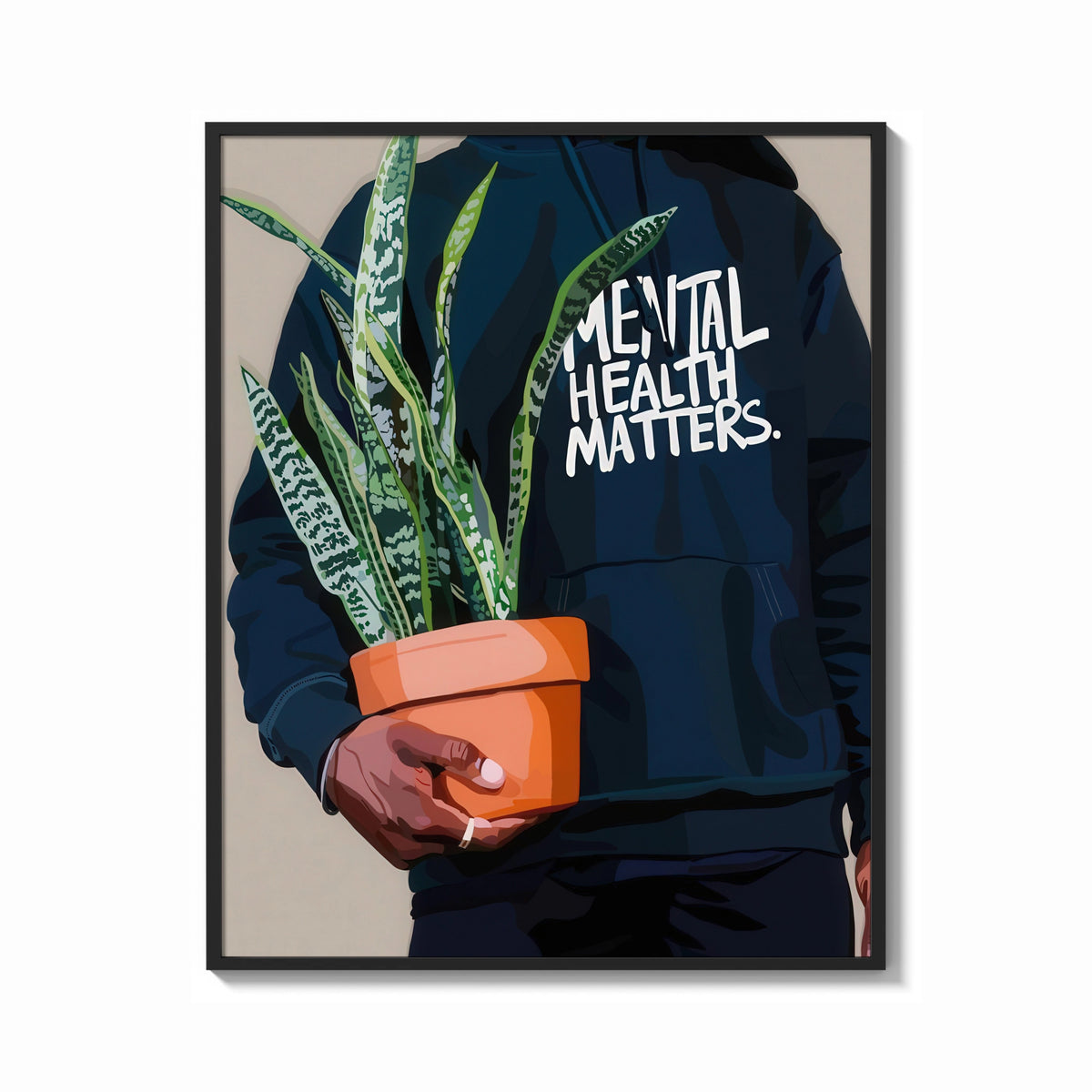 Framed Mental Health Matters Potted Plant print shown as a bold statement piece on a clean gallery wall