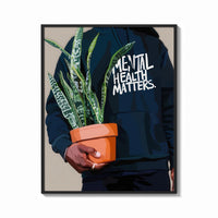 Framed Mental Health Matters Potted Plant print shown as a bold statement piece on a clean gallery wall