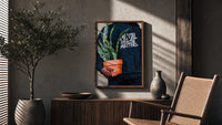 Mental Health Matters Potted Plant poster framed above a fluted sideboard beside a potted tree