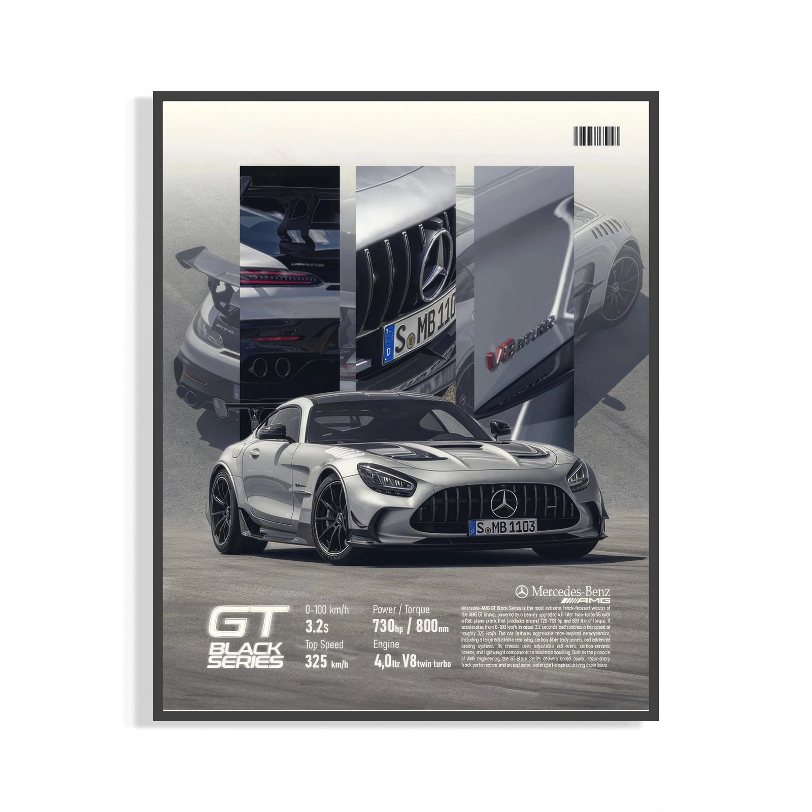 Framed Mercedes-AMG GT Black Series print shown as a statement piece on a gallery wall