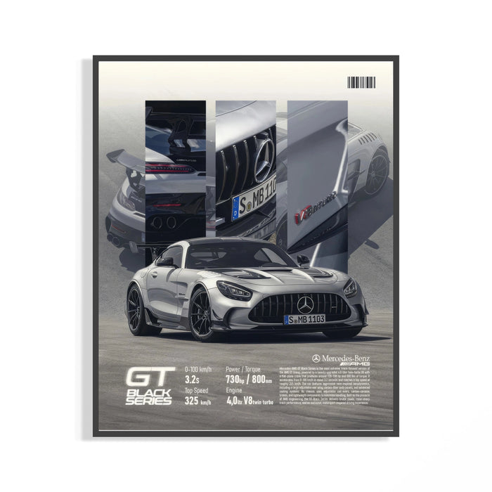 Framed Mercedes-AMG GT Black Series print shown as a statement piece on a gallery wall